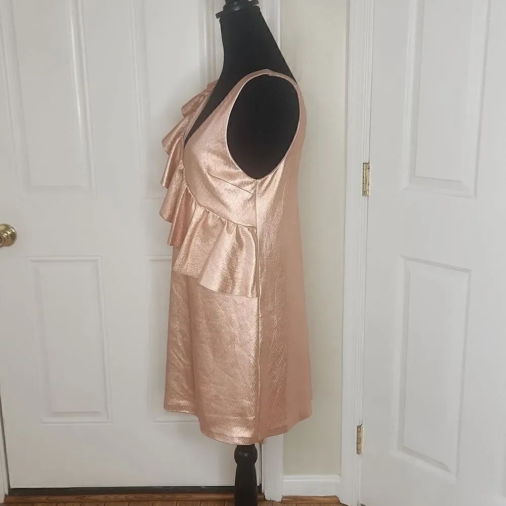 ZARA Metallic Rose Gold Faux Leather Deep V Ruffle Frill Mini PartyDress Small - Picture 3 of 10